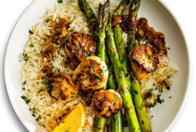 Sweet and Spicy Orange Scallops with Asparagus and Coconut Rice
