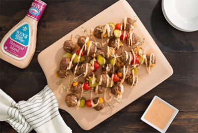 Thousand Island Cheesy Meatball Skewers