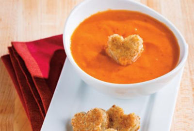 Tomato Bisque with Grilled Cheese Heart Croutons