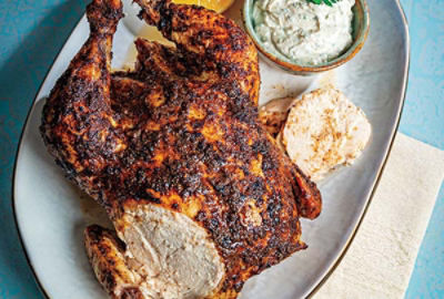 Whole Roasted Chicken Shawarma with Yogurt-Tahini Dip