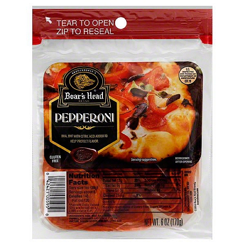 Pre-sliced pepperoni in a convenient zip-pouch. No fillers. No by-products. No artficial colors or flavors. No Trans fat. No gluten. Contains beef and pork.