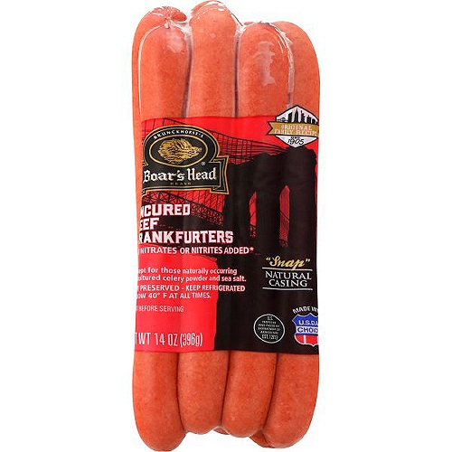 Brunckhorst's Boar's Head Uncured Beef Frankfurters, 14 oz
No Nitrates or Nitrites Added*
* Except for those naturally occurring in cultured celery powder and sea salt.

“Snap'' Natural Casing