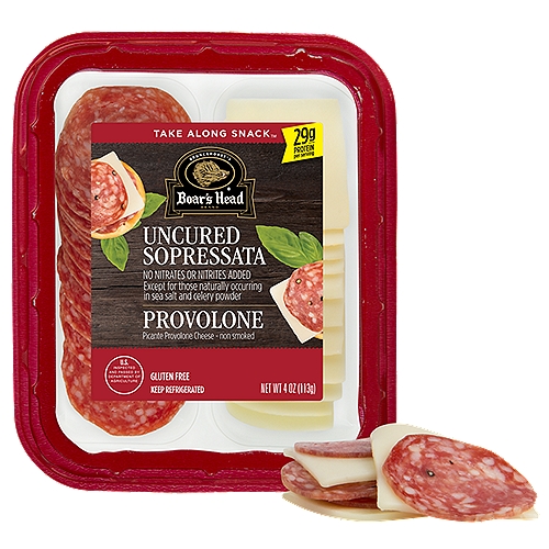 Brunckhorst's Boar's Head Uncured Sopressata and Provolone Cheese, 4 oz
Uncured Sopressata, Picante Provolone Cheese (Non-Smoked)

Take Along Snack™

No Nitrates or Nitrites Added Except for those naturally occurring in sea salt and celery powder