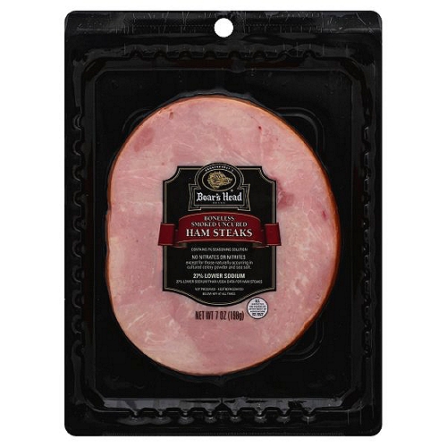 Brunckhorst's Boar's Head Boneless Smoked Uncured Ham Steaks, 7 oz
No Nitrates or Nitrites except for those naturally occurring in cultured celery powder and sea salt.

27% Lower Sodium than USDA Data for Ham Steaks
Sodium Content 780Mg per Serving Compared to 1070Mg per Serving for USDA Data for Ham Steak.