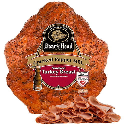 Gluten Free. Milk Free. No MSG Added. Flavor seekers will love our Cracked Pepper Mill Turkey Breast. Seasoned with cracked black peppercorns and paprika, then delicately smoked, this turkey has a robust flavor. Freshly sliced at your Deli counter. Product slicing options include "Standard Thickness, Shaved, Sliced Thin or Sliced Thick".  